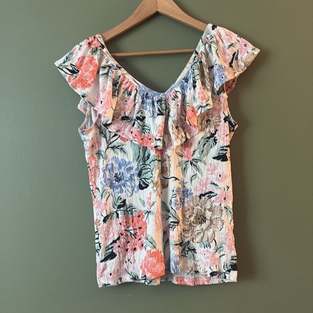 LOFT Garden Crinkle Ruffle Double V Top Floral Spring Summer Blouse Size M - Picture 6 of 6